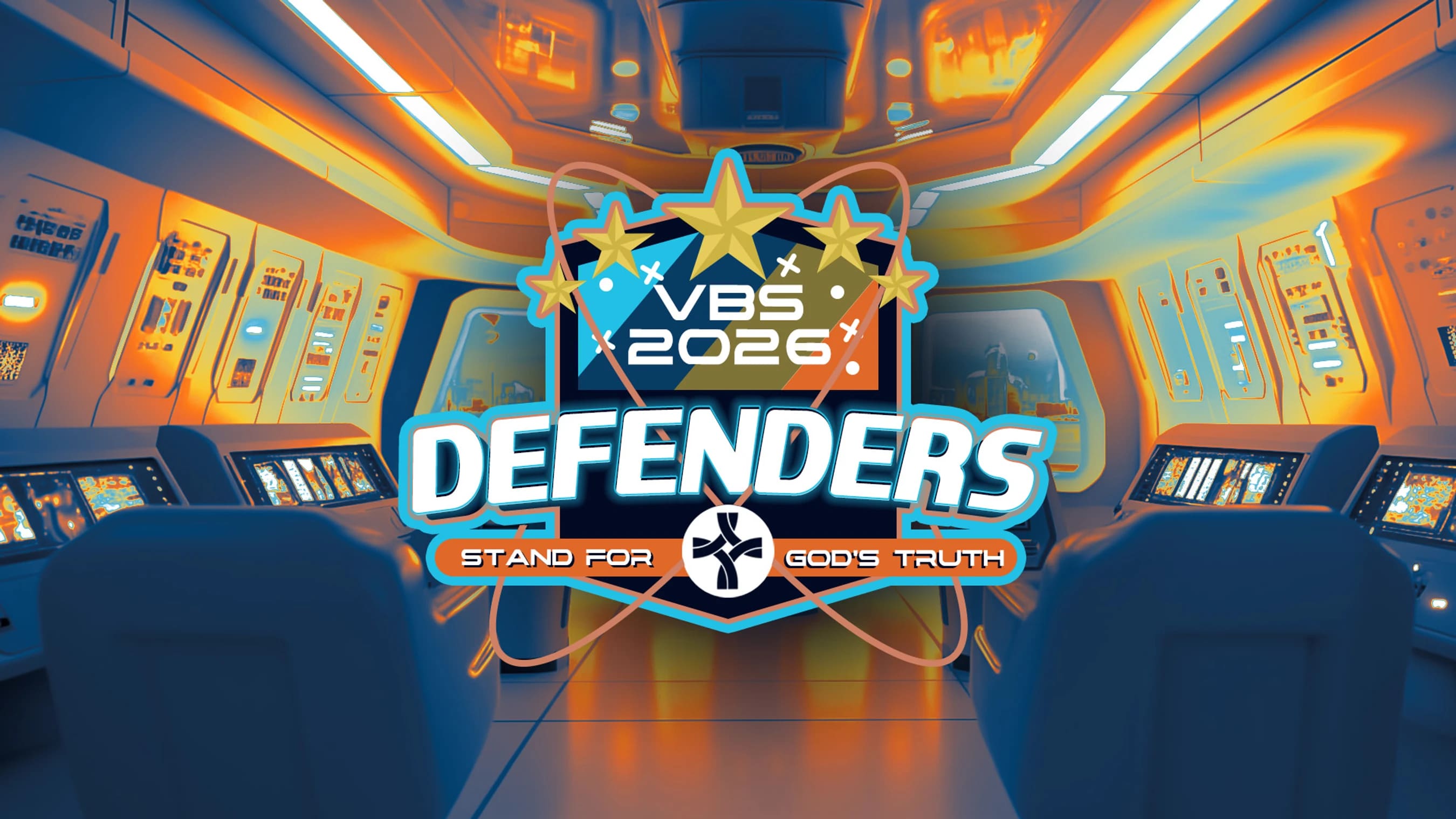 The VBS 2026 Defenders logo is superimposed over the interior of a futuristic spaceship cockpit, which is lit with warm orange and cool blue lights.
